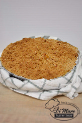 Peaches fill our deep dish Peach Cobbler also topped with crumbs.