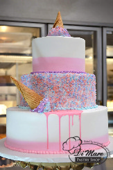 How sweet! This cake almost looks like real ice cream! This charming cake is three tiers of smooth blended whipped cream and buttercream made to look just like real ice cream scoops.
