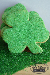 Vibrant green sanding sugar tops our shamrock shaped shortbread cookies.