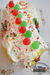 A different view of our Yule Log. This Yule Log is a Vanilla Cake with Lemon buttercream.